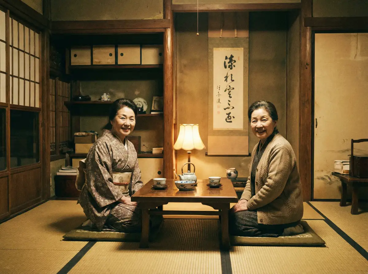 两位优雅的 希岛爱理 在日式茶室中品茶交谈